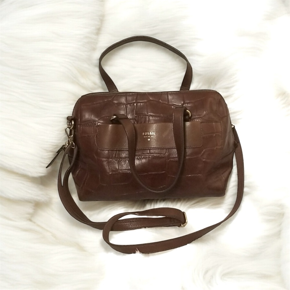 Fossil Classic Satchel Bag Croc Embossed Leather Purse